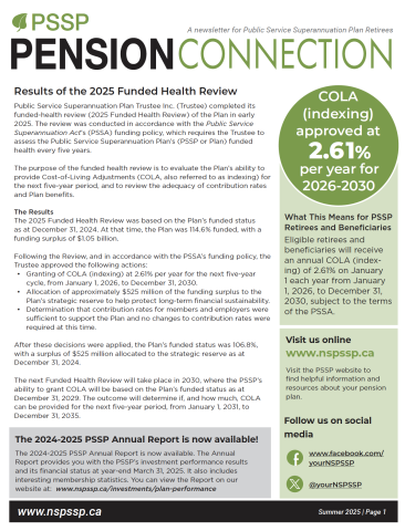 Page one of the Summer 2025 PSSP Pension News for Retired Members