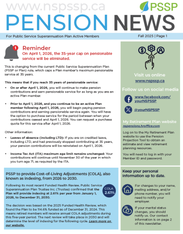 Page one of the Fall 2025 PSSP Pension News for Active Members
