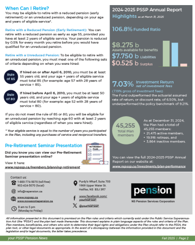 Page two of the Fall 2025 PSSP Pension News for Active Members