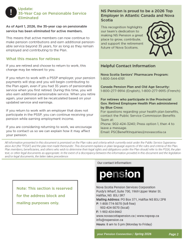 Page two of the Spring 2026 PSSP Pension Connection for Retirees